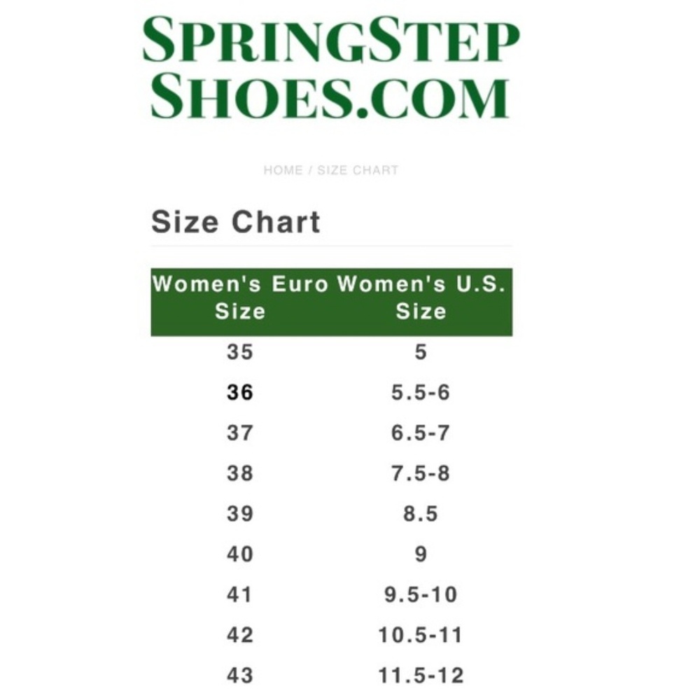 Spring Step and L'Artiste Shoe Size Chart